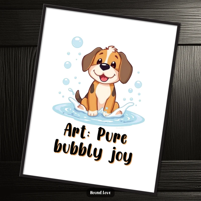 Funny digital art print of an overjoyed hound dog character splashing gleefully in a large, bubbly puddle, capturing pure, lighthearted fun.