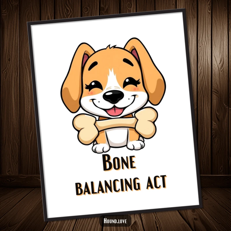 Funny digital art print of a silly hound with a grin hilariously balancing a bone on its nose, creating playful decor.