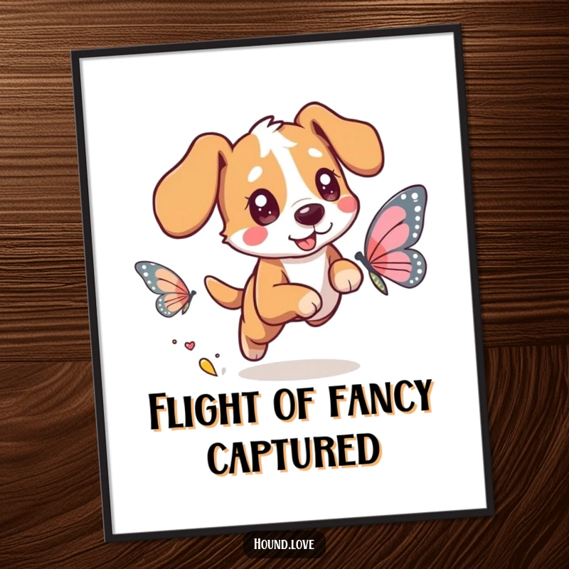 Funny digital art print of an overjoyed hound dog character with twinkling eyes chasing a delicate butterfly with shimmering wings, capturing pure whimsy.