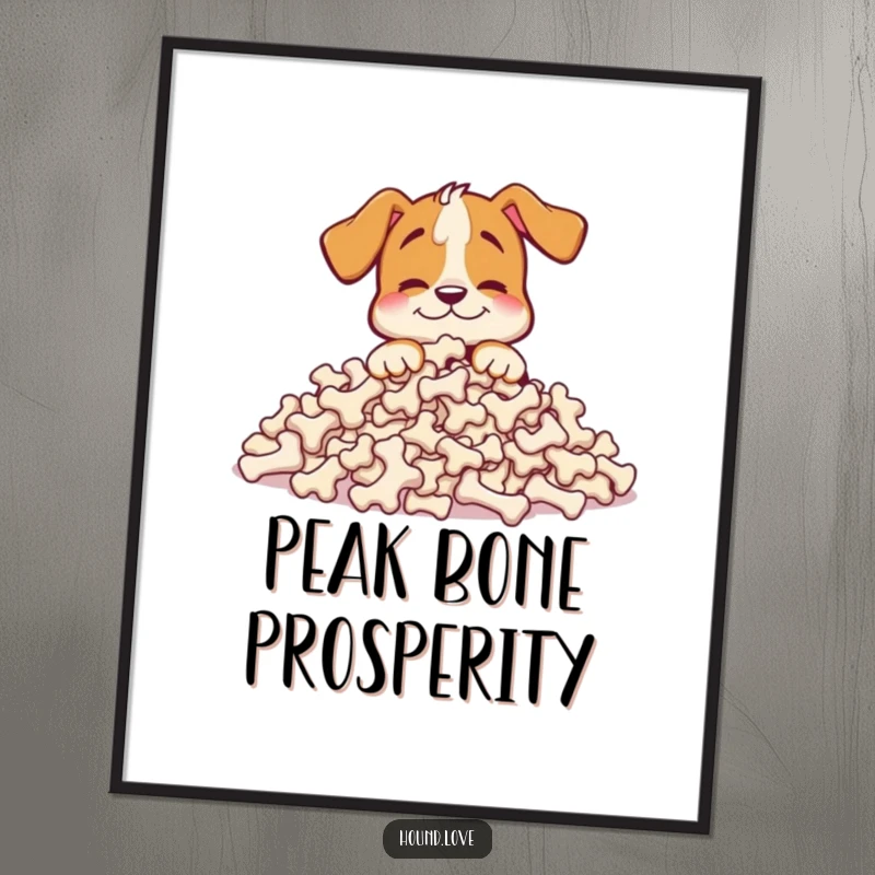 Funny hound digital art print of a happy dog character burying its nose in a massive pile of bones, offering instant decor.