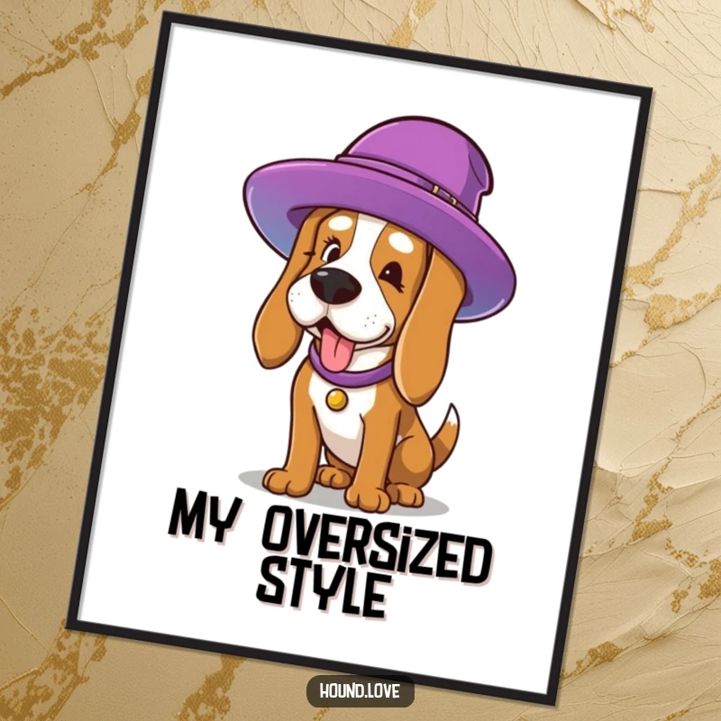 Funny Digital Art Print: A hound character hilariously struggling with an oversized, colorful hat, creating a funny and memorable piece of art.