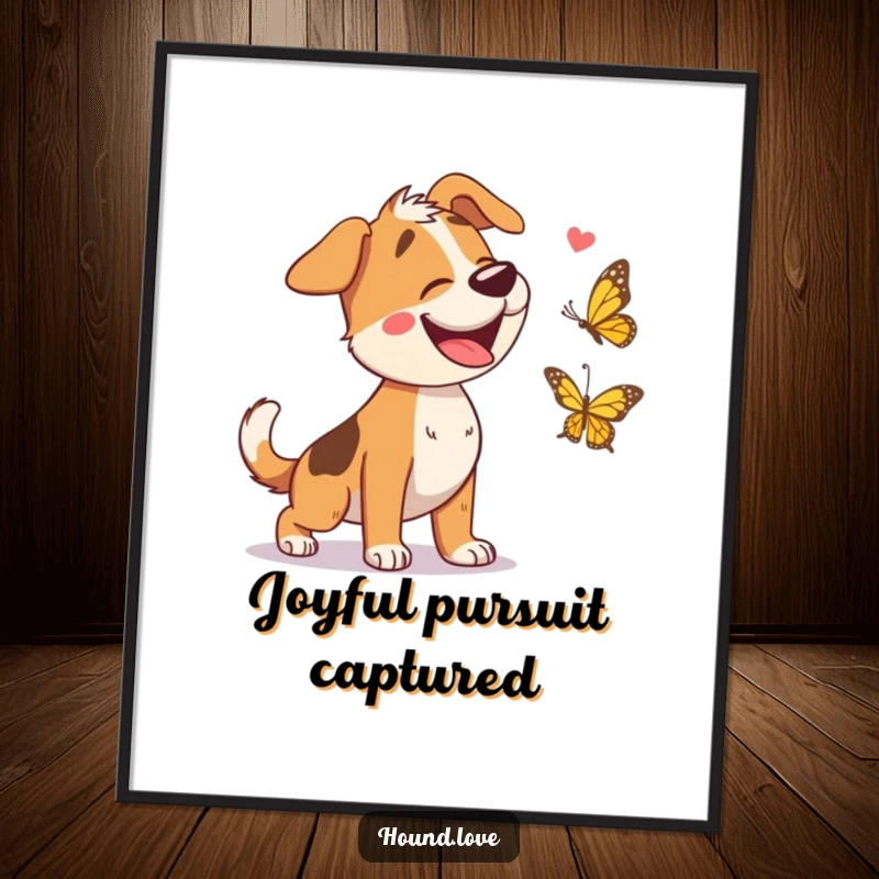 Funny digital art print capturing a giggling hound character's ecstatic pursuit of a playful butterfly, ideal for humorous home decor.