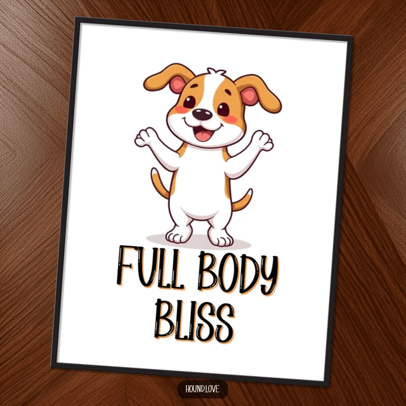 High-resolution digital art print of a funny hound dog performing an ecstatic wiggle dance, ready to spread cheer instantly.