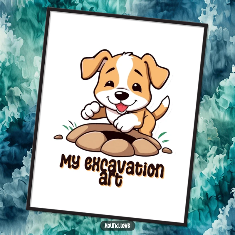 Funny Digital Art Print: A hound enthusiastically digging a hole with its paws, dirt flying, a humorous and lively piece for any room.