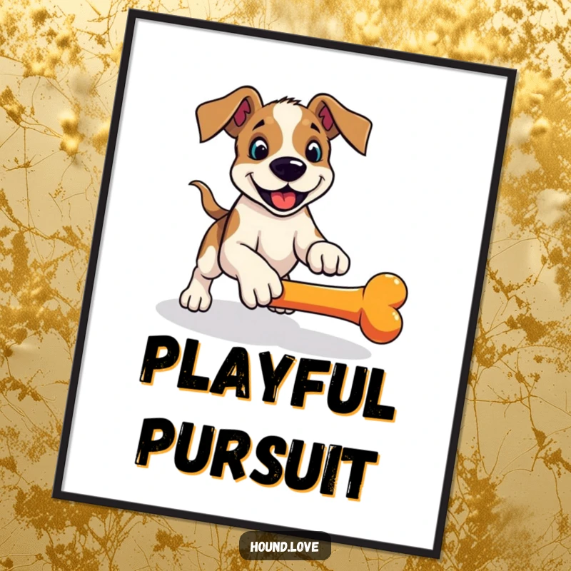 Funny hound digital art print, a playful dog in a pounce ready to fetch a rolling bone, humorous and energetic.