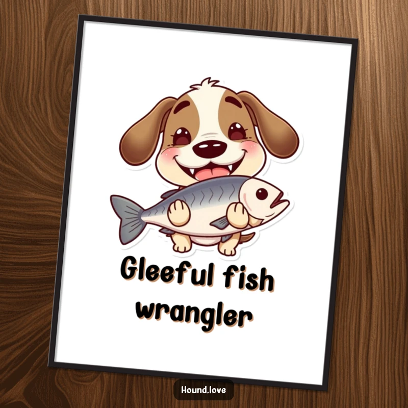 Funny hound with a wide, goofy grin, holding a slippery fish, as a digital art print, bringing canine and fishing humor to your walls.