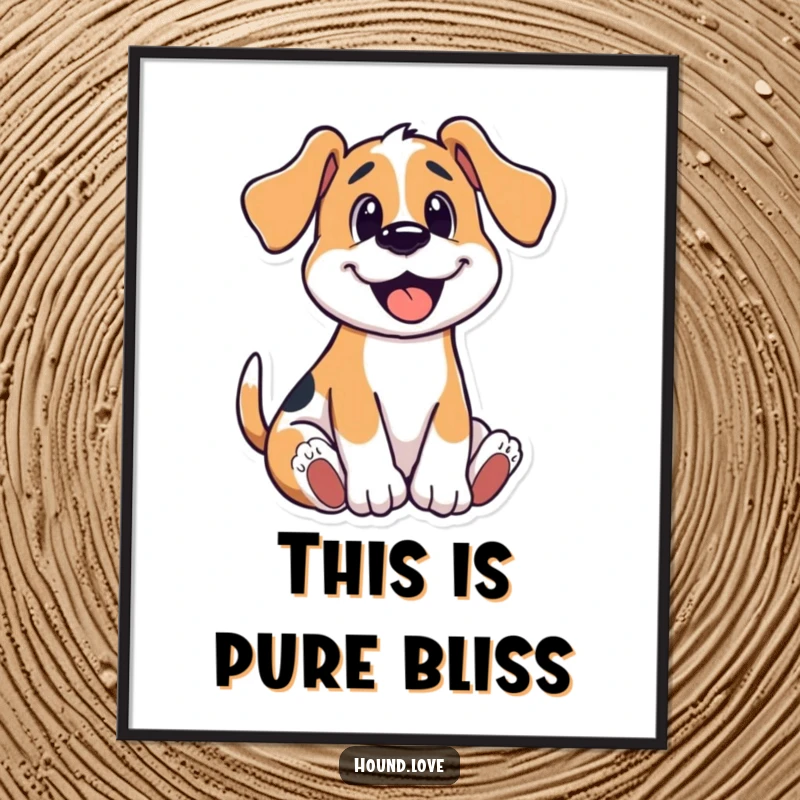 Funny digital art print of a hound dog joyfully wriggling, radiating happiness and playful energy.