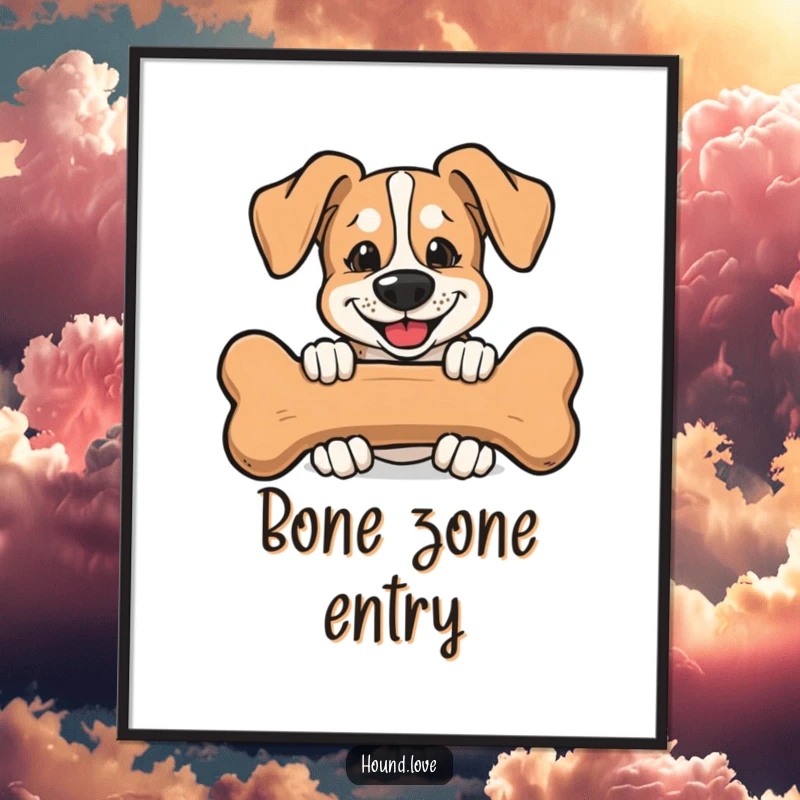 Funny Digital Art Print of a hound with a mischievous grin, peeking from behind a large bone, full of playful intent.