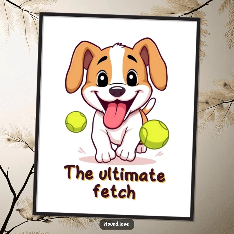 Funny Hound Digital Art Print: Hound chasing a tennis ball, a humorous and energetic piece of dog-themed art.