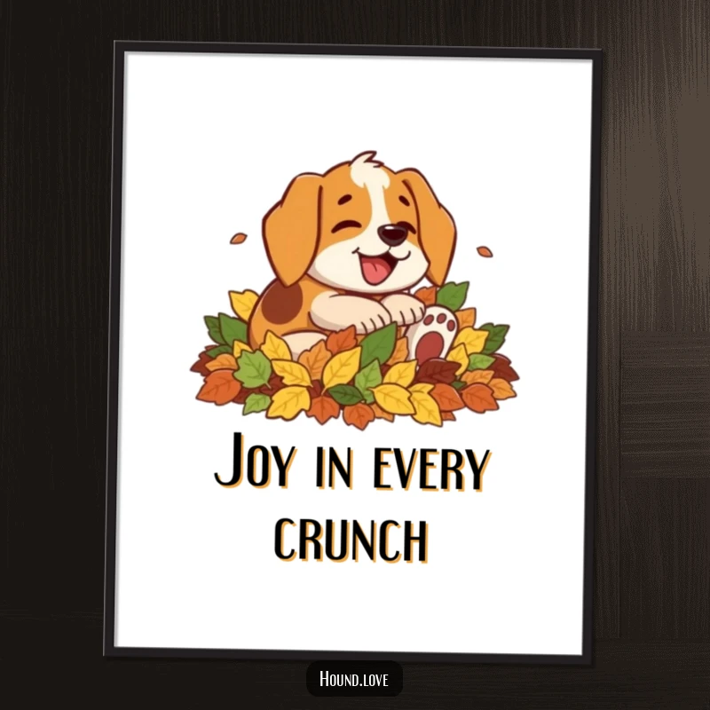 Funny digital art print of an overjoyed hound dog character rolling gleefully in a huge pile of colorful autumn leaves, capturing pure seasonal fun.