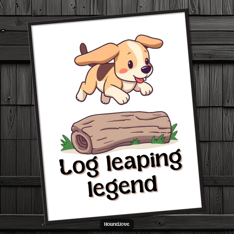 Funny bounding hound digital art print of a dog joyfully leaping over a log. Instant humorous wall decor.