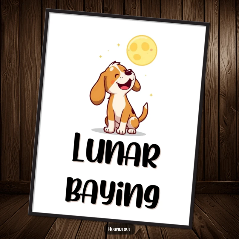 Funny Digital Art Print of a joyful hound character baying at a playful, bouncing moon, perfect for framing.