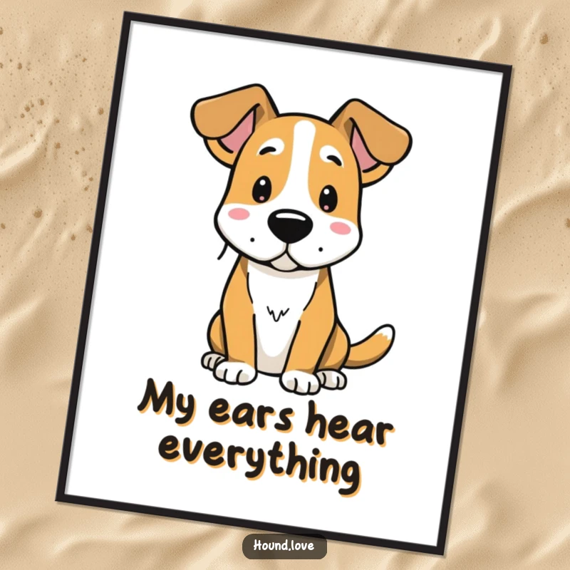 Funny digital art print of a hound dog with alert ears, capturing a humorous and inquisitive personality.