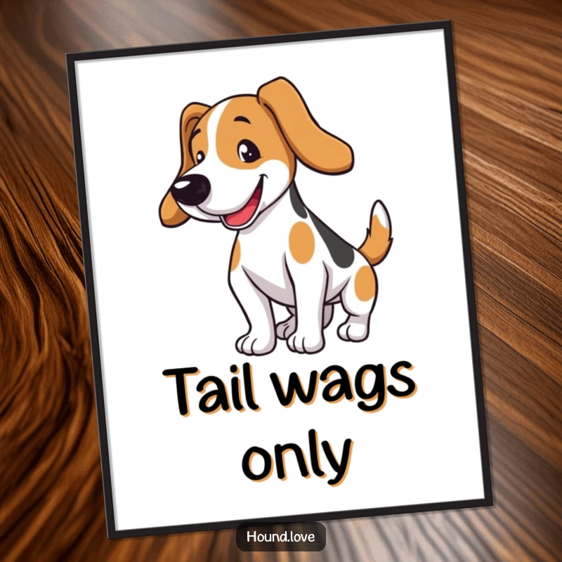 Funny hound dog digital art print of a dog wagging its tail. Instant humorous wall decor and a great gift.