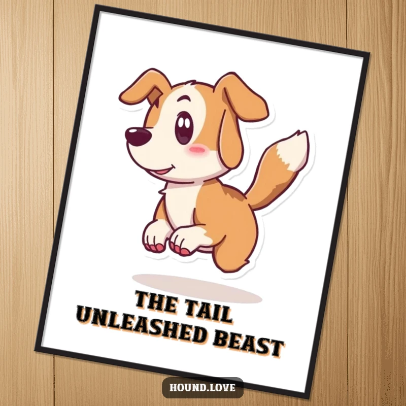 Funny hound digital art print of a surprised dog character leaping back from its wagging tail, offering instant, humorous decor.
