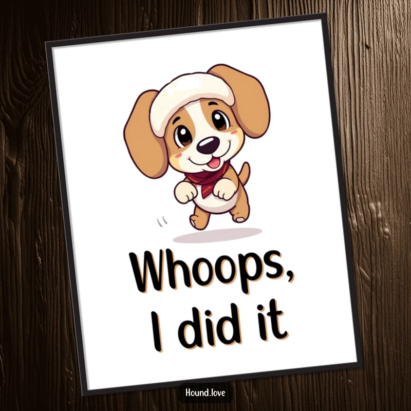 Funny digital art print of a playful hound character tripping hilariously while wearing oversized, floppy ear muffs, ready to print.