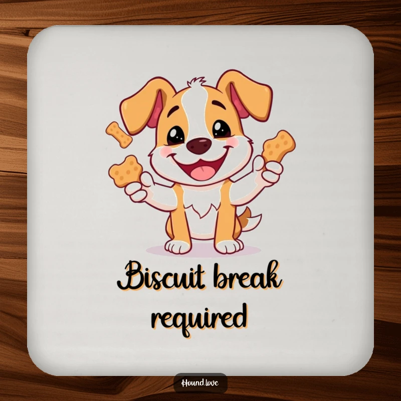 Funny coasters with a dog juggling large biscuits, protecting surfaces with a humorous design.