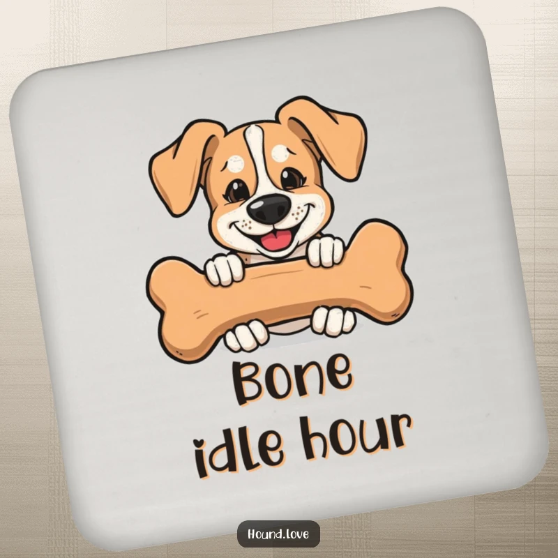 Funny Drink Coasters showing a mischievous hound peeking from behind a large bone, protecting surfaces with humor.