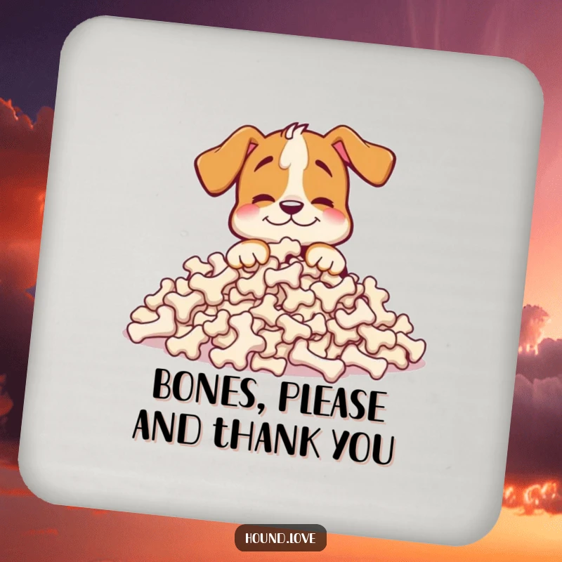 Funny hound coaster featuring a happy dog character burying its nose in a huge pile of bones, offering humorous protection.