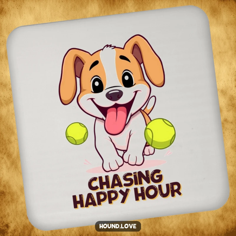 Funny Hound Coasters: Grinning hound chasing a tennis ball, protecting surfaces with canine-themed humor, a funny gift set.
