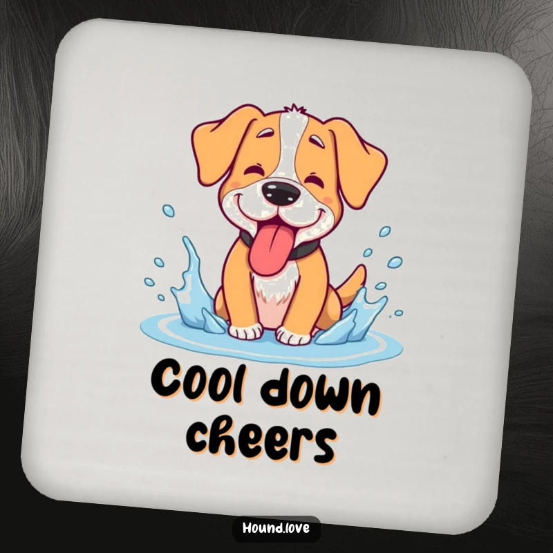 Funny hound drink coaster, a goofy dog panting with tongue out, enjoying a cool water splash, protects surfaces.