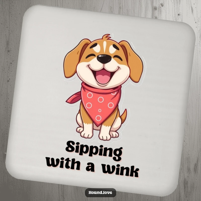 Funny hound coaster featuring a delighted dog character winking while wearing an oversized, silly bandana, offering humorous protection.