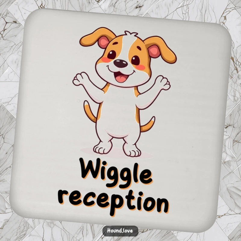 Protective drink coaster featuring a funny hound dog in full wiggle dance mode, adding cheerful humor to tabletops.