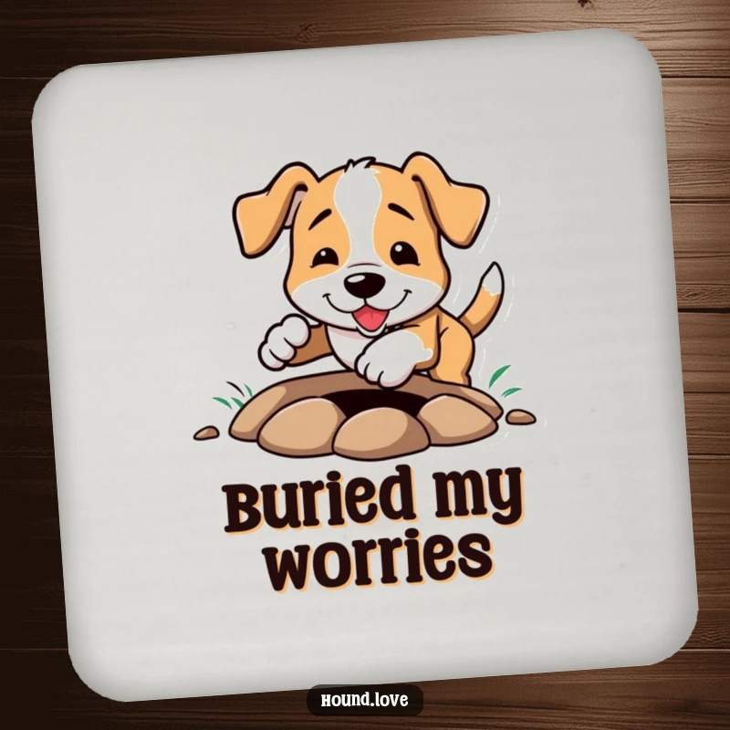 Funny Coaster: A dog happily digging a hole, dirt flying, a comical and practical item for any surface.