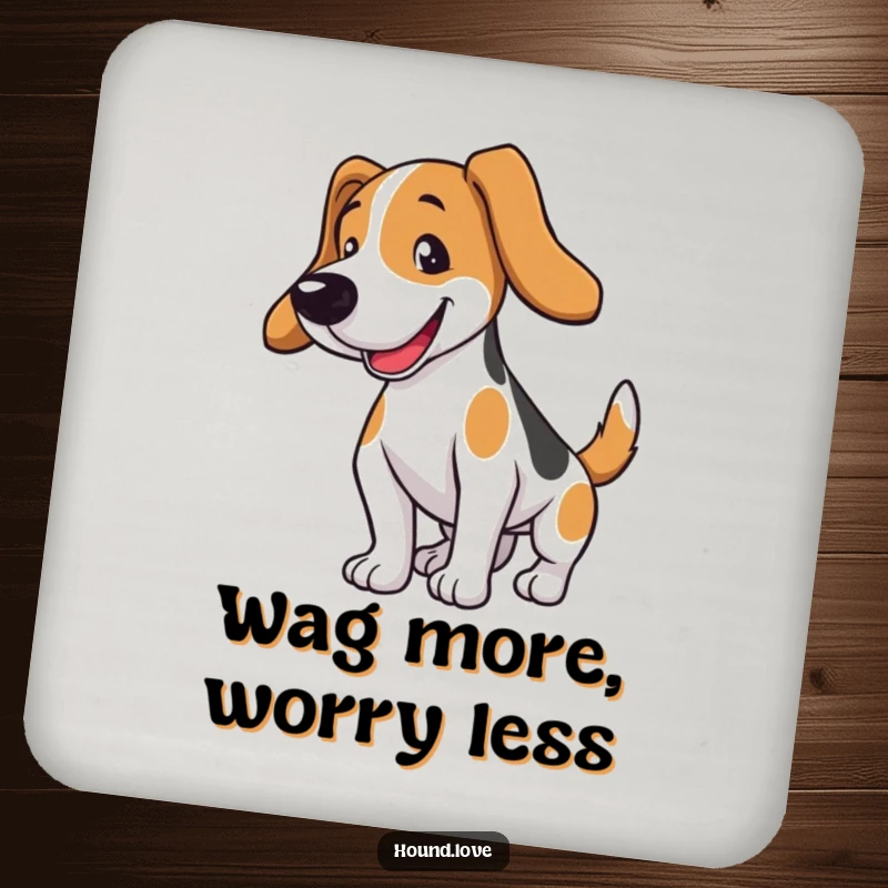Funny hound dog drink coaster showing a dog happily wagging its tail. A humorous and protective gift for any surface.
