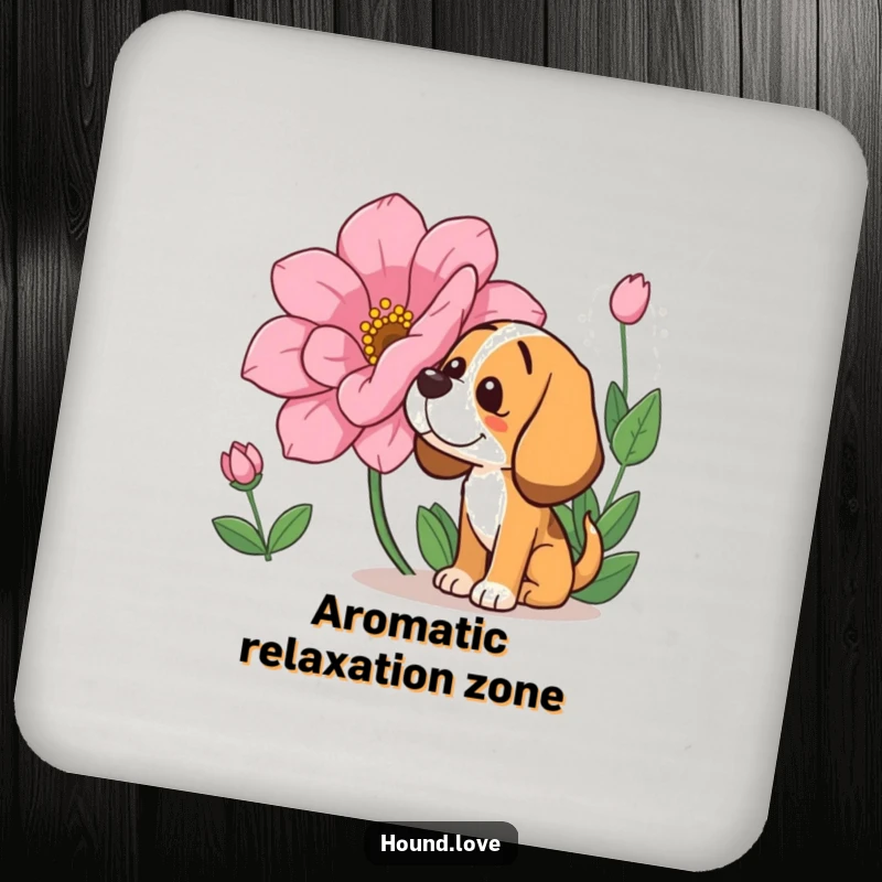 Funny Coaster: A happy hound character sniffing a large, aromatic flower, a sweet and funny accessory for any surface.