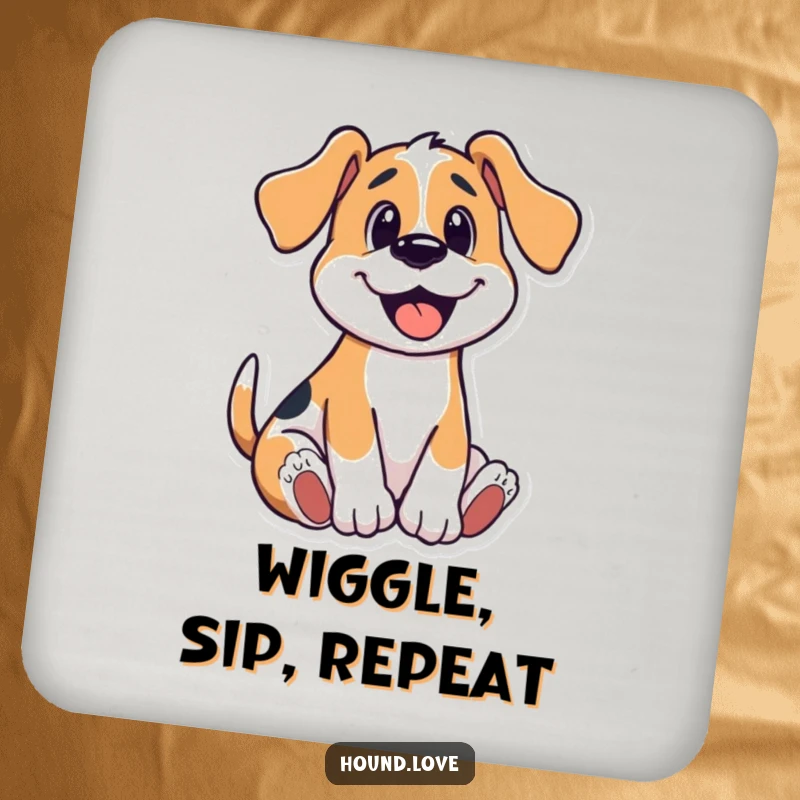 Funny drink coasters featuring a hound dog in a happy, playful wriggle, providing surface protection with a smile.