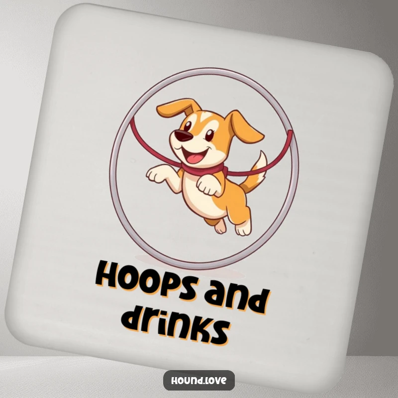 Funny hound character joyfully leaping through a leash hoop, illustrated humorously on this set of protective drink coasters.