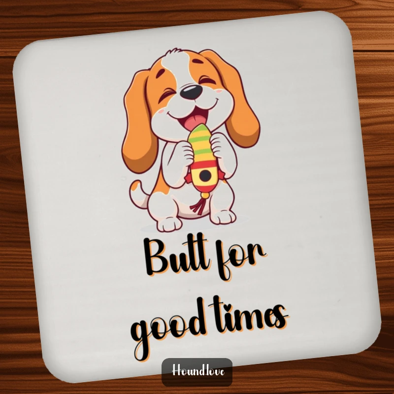 Funny hound character joyfully butting a dangling, wiggling toy, illustrated humorously on this set of protective drink coasters.