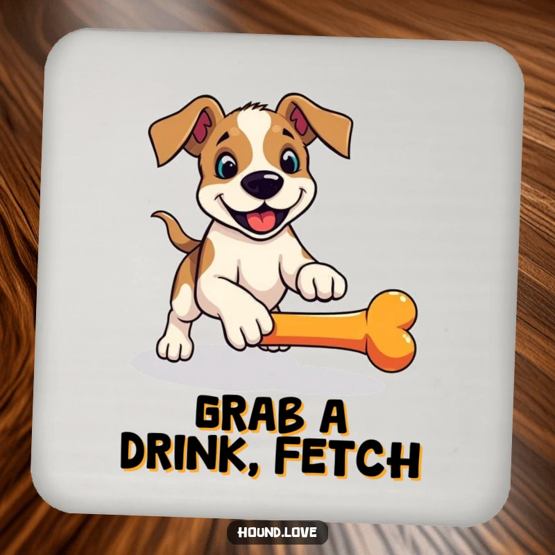 Funny hound drink coaster, a playful dog in a pounce ready to fetch a rolling bone, protects surfaces.