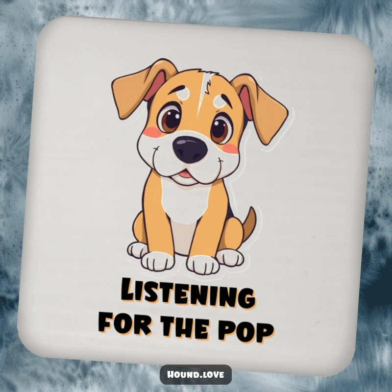 Funny Hound Coasters: Curious hound listening intently, protecting surfaces with canine-themed humor, a funny gift set.