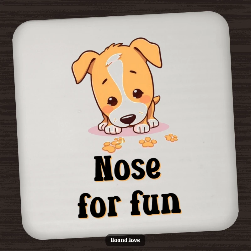 Funny Drink Coasters showing a playful hound sniffing the ground, following sparkling paw prints, a humorous touch for any table.