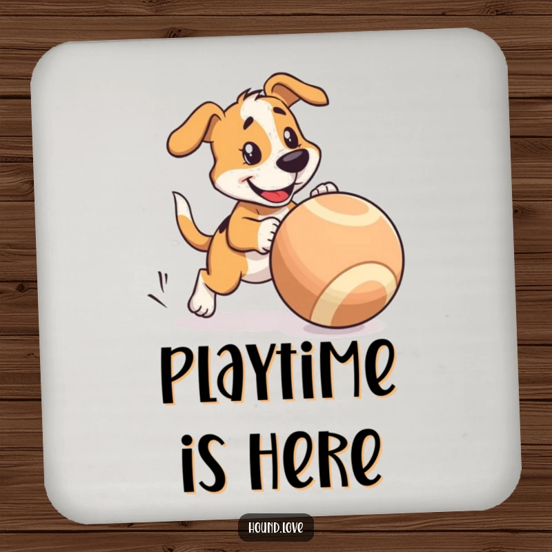 Funny Drink Coaster: Hound character playfully chases a huge wobbly ball, protecting surfaces with fun.