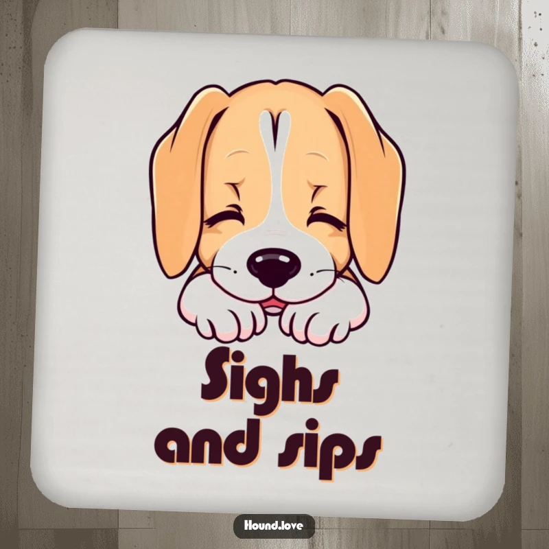 Funny drink coasters featuring a hound dog resting its chin with a contented sigh, providing surface protection with peace.