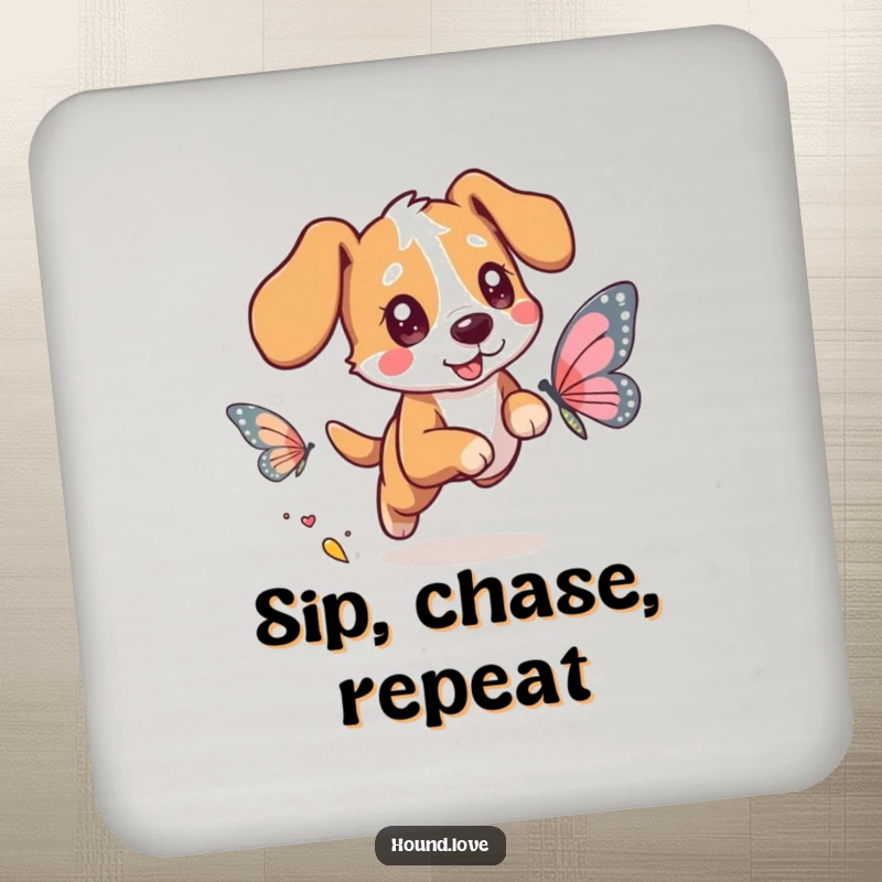 Funny drink coaster showing a happy hound dog character with bright eyes chasing a beautiful butterfly with shimmering wings, for surface protection.