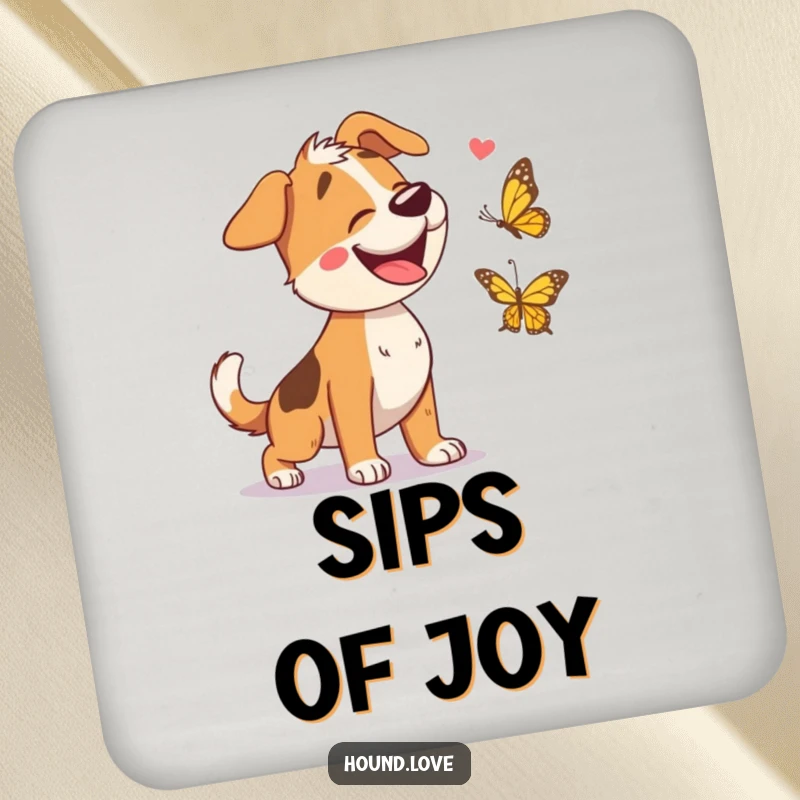 Funny drink coaster featuring a happy hound character giggling while chasing a butterfly, adding a touch of playful art.