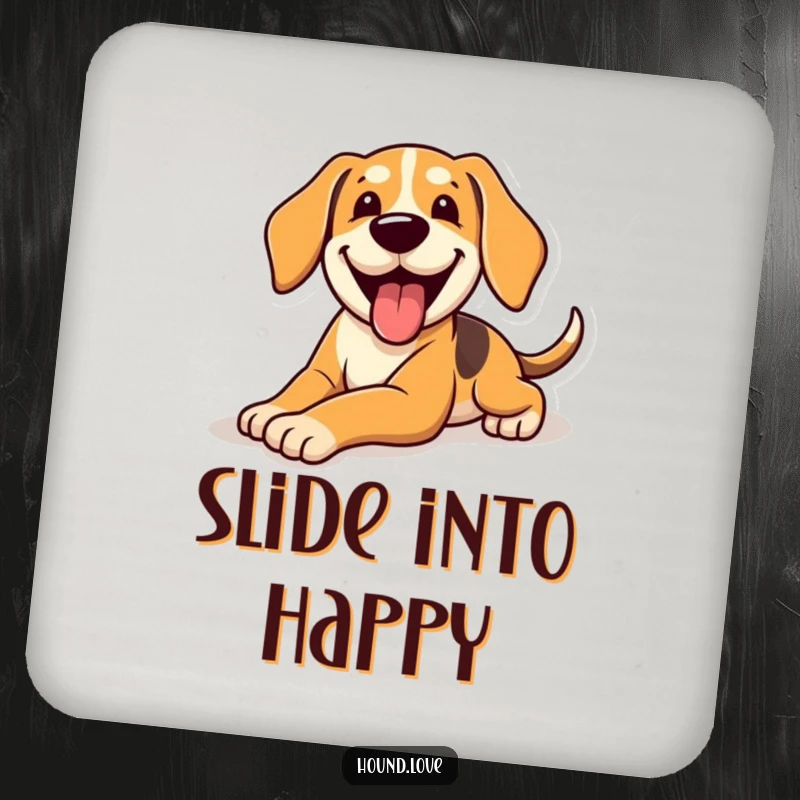 Funny Drink Coasters displaying a happy hound dog in a comical slide, protecting surfaces with a dose of humor.