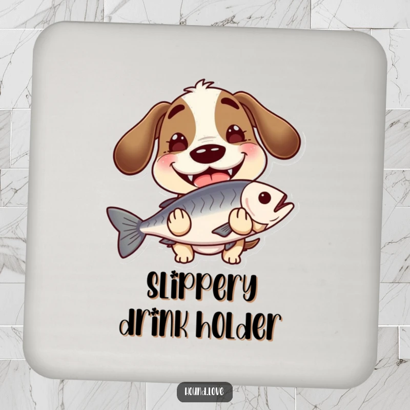Funny hound with a wide, goofy grin, holding a slippery fish, on a drink coaster, adding humor and canine charm to surfaces.
