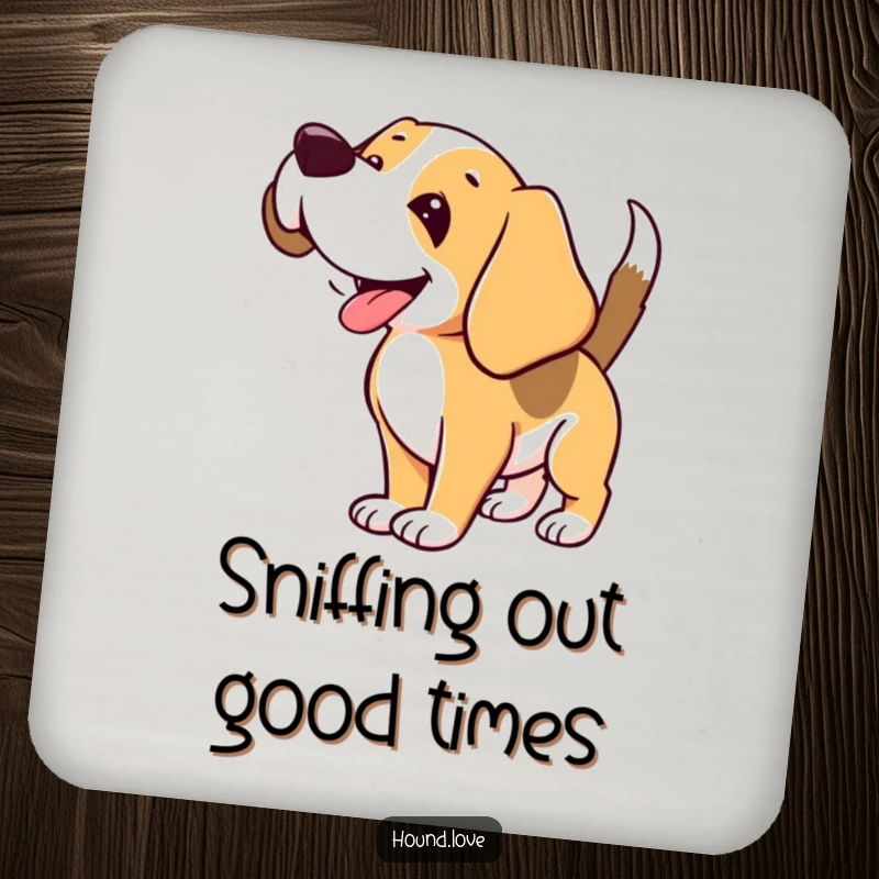 Funny Hound Coasters: Joyful hound sniffing the air, protecting surfaces with canine-themed humor, a funny gift set.