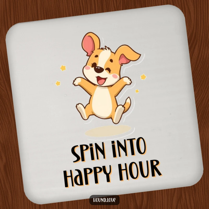 Funny Coasters: A delighted hound spins playfully, protecting surfaces while adding a humorous and energetic touch.