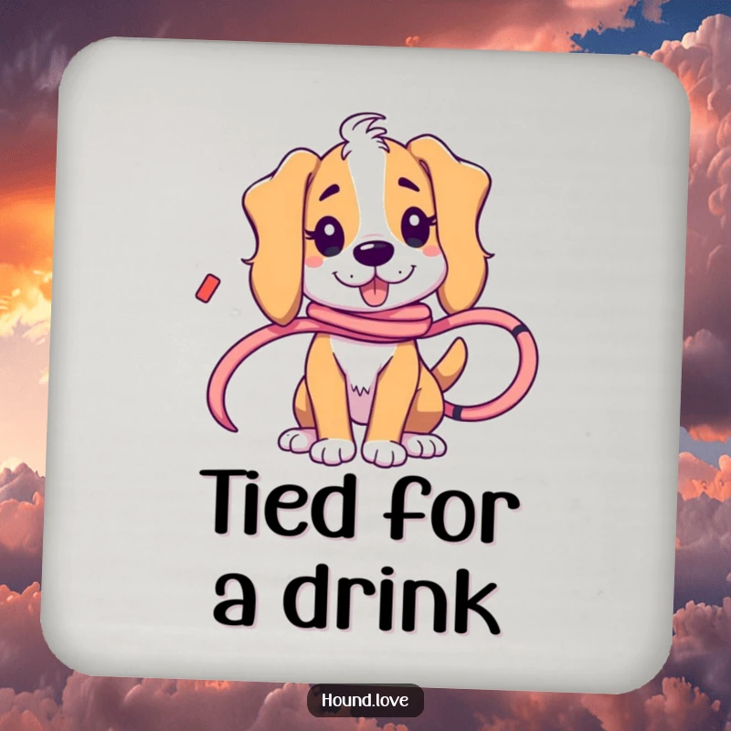 Funny hound character playfully tangled in a ribbon, illustrated humorously on this set of protective drink coasters.