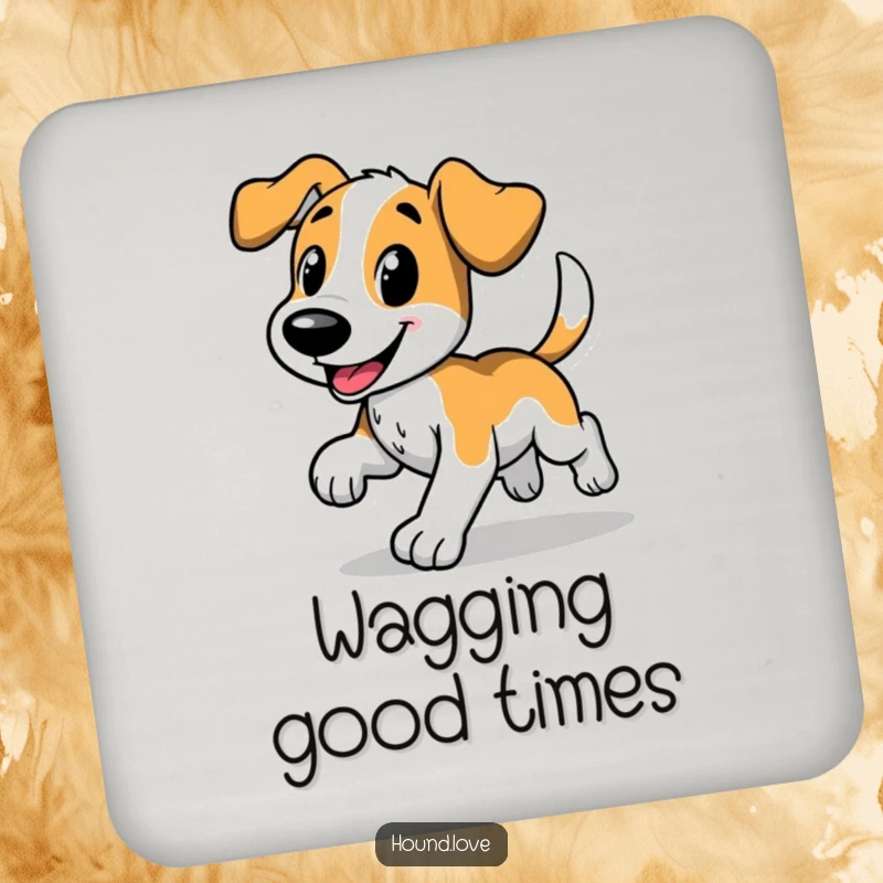 Funny drink coaster featuring a happy hound dog doing a comical trot, tail wagging, protects furniture, perfect funny gift for home decor.
