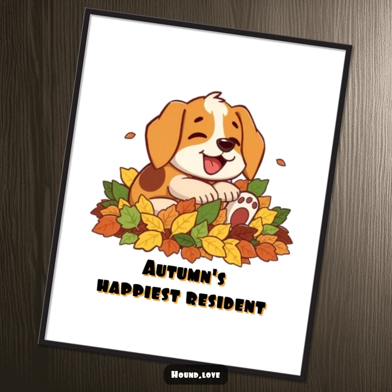 Funny poster illustration of a happy, barking hound character joyfully rolling and playing in a huge pile of colorful, crisp autumn leaves.