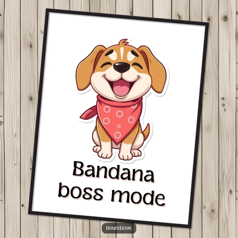 Funny hound poster of a delighted dog character winking playfully while wearing an enormous, silly bandana, celebrating charisma.