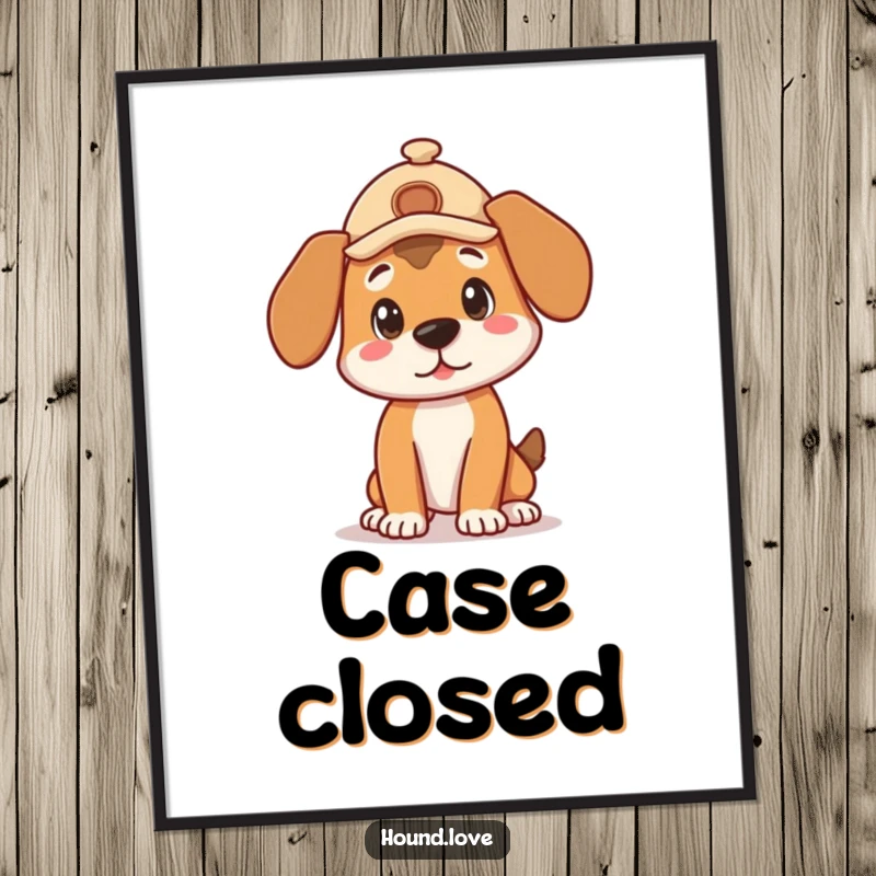 Funny Poster: A cute hound dog in a tiny detective hat strikes a curious, observant pose.