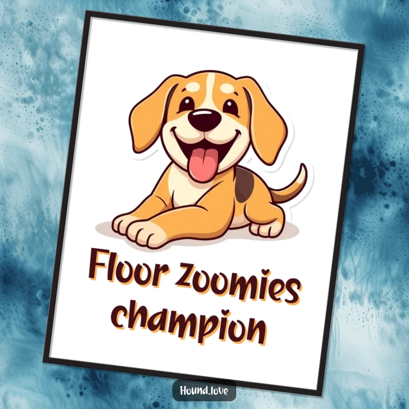 Funny Poster of a gleeful hound dog sliding on a slick surface, its happy panting face radiating infectious humor.